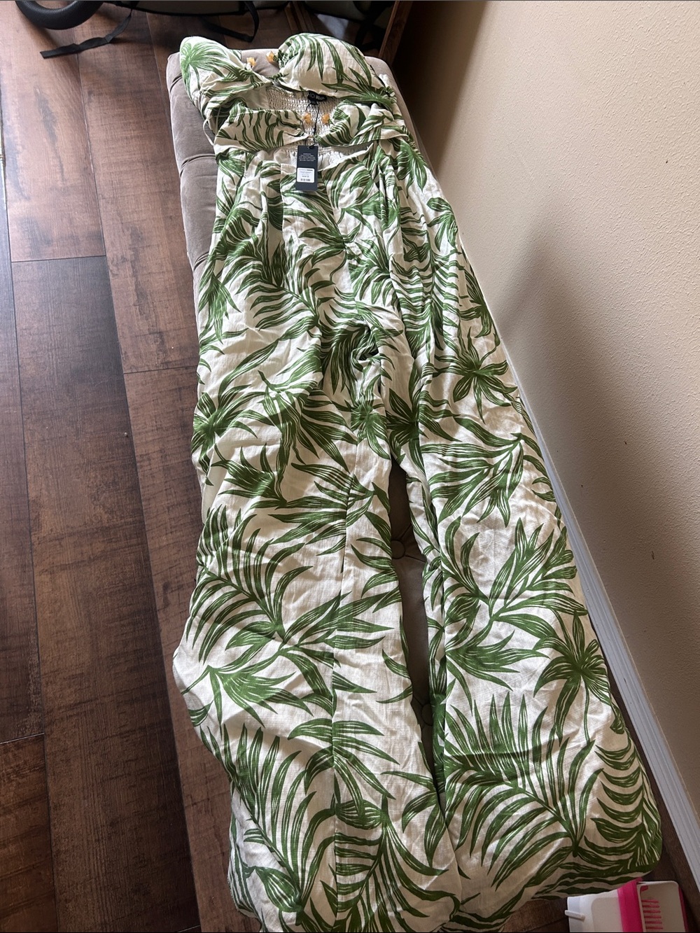 Show Me Your MuMu Green Palm Print Strapless Jumpsuit on Cream